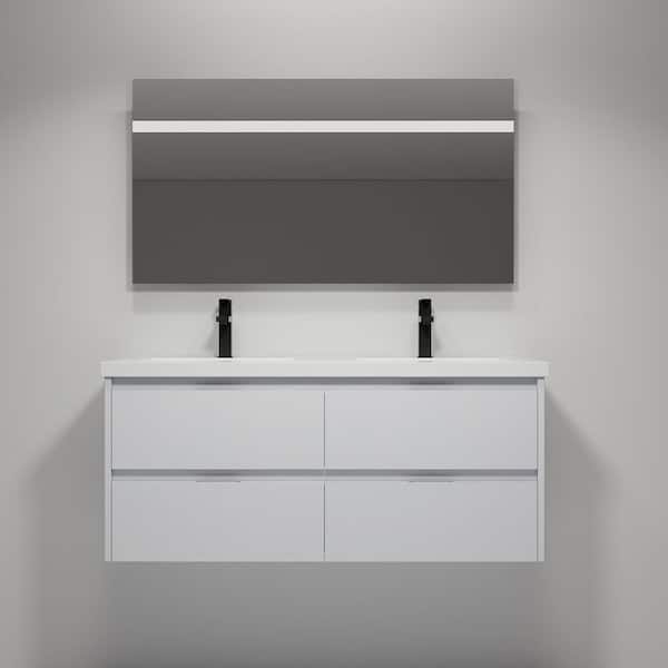 48 in. Double Sink Floating White Bath Vanity with White Resin Top, 4 Soft Close Drawers, Hidden handles