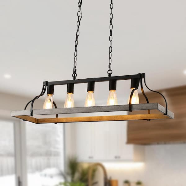 YANSUN Rustic 5-Light Kitchen Island and Dining Room Light, Farmhouse Linear Chandelier with Black and Grey Wood Finish
