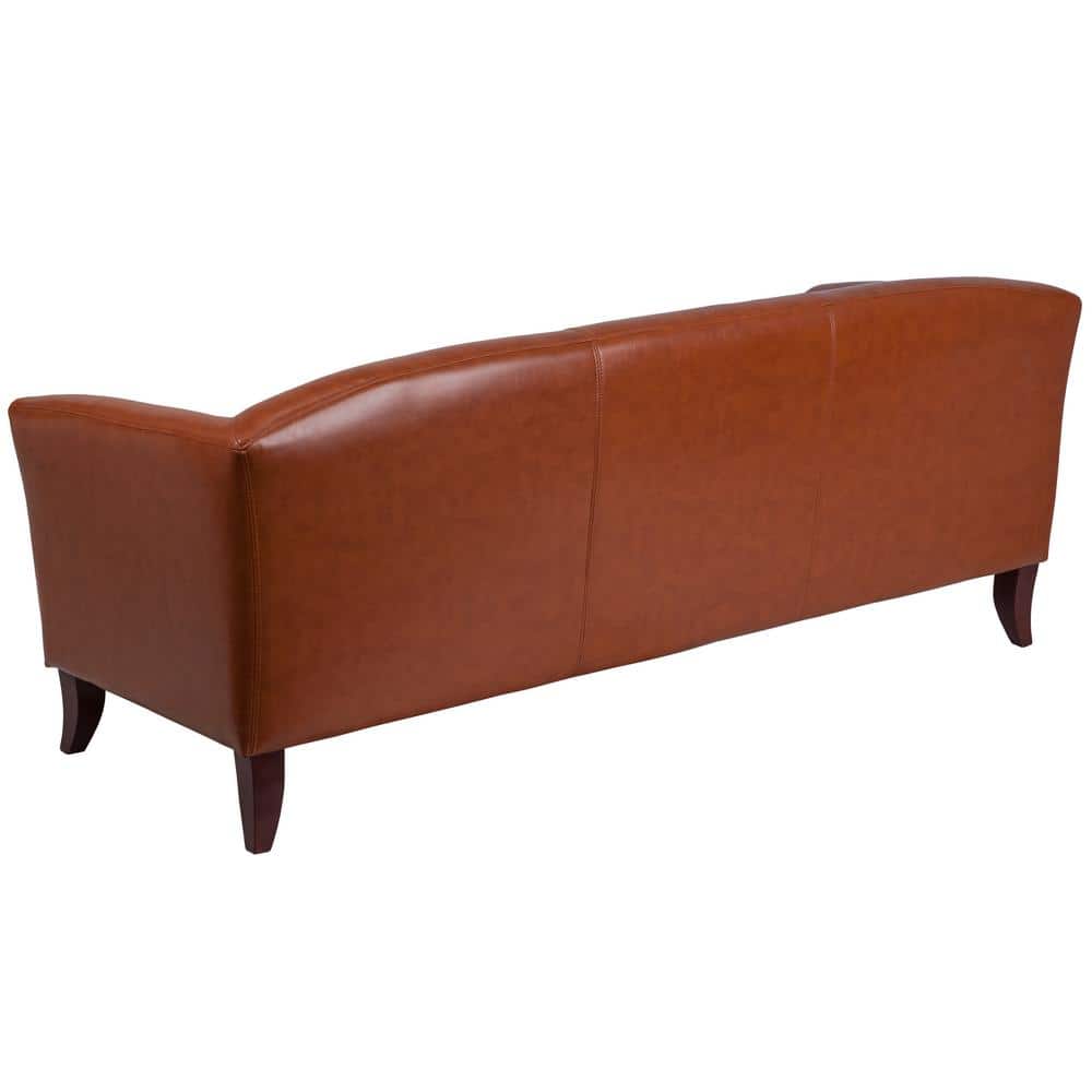 Cognac Faux Leather Tight Back Reception Sofa with Wood Track Arms