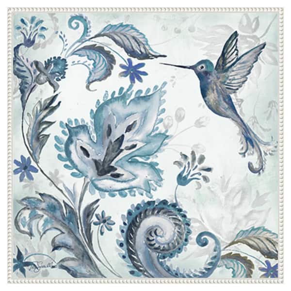 Amanti Art Watercolor Boho Blue Hummingbird II by Tre Sorelle Studios 30-in. W x 30-in. H. Canvas Wall Art Print Framed in White