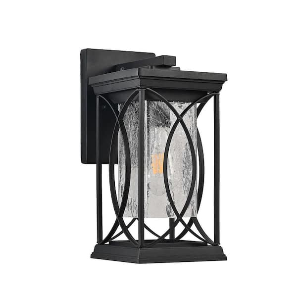 Retro Black 1-Light Lantern Outdoor Hardwired Wall Sconces with Crackled Glass, No Bulbs Included