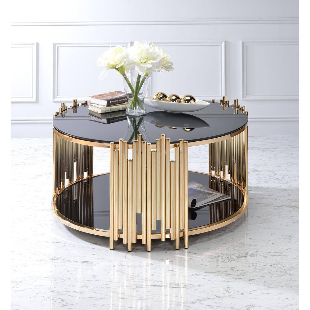 Tanquin Black Glass and Gold Round Coffee Table with Shelf