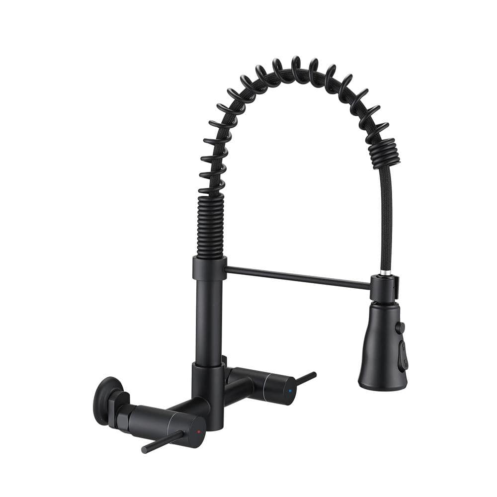  Double Handle Bridge Kitchen Faucet with Pull-Down Spray Head, 2 Holes Wall Mount Spring Kitchen Faucet in Matte Black