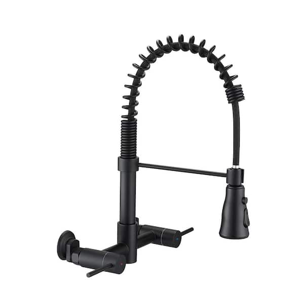 PERLIRIA INC Double Handle Bridge Kitchen Faucet with Pull-Down Spray Head, 2 Holes Wall Mount Spring Kitchen Faucet in Matte Black