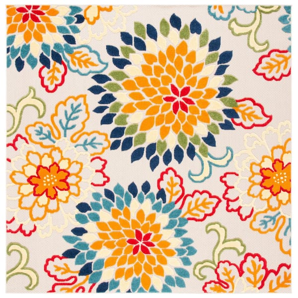 Cabana Ivory/Orange 5 ft. x 5 ft. Floral Abstract Indoor/Outdoor Square Area Rug