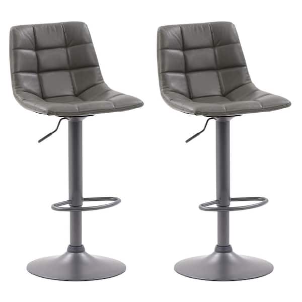 CorLiving Palmer 44 in. Grey Adjustable Low-Back Square Tufted Leatherette Metal Barstool (Set of 2)