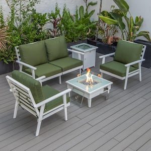 Walbrooke White 5-Piece Aluminum Square Patio Fire Pit Set with Green Cushions and Tank Holder