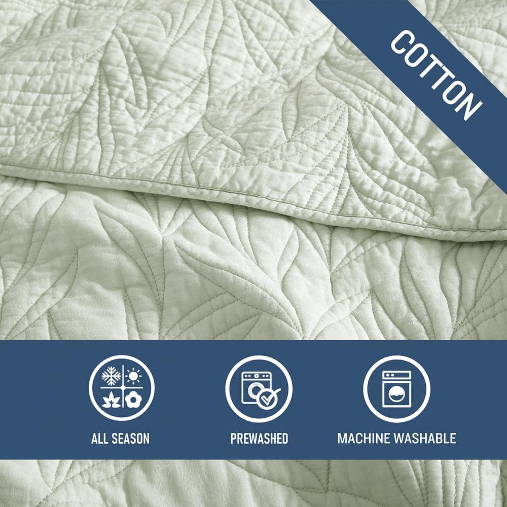 Sage Green Cotton Twin Quilt Set with Floral Stitch