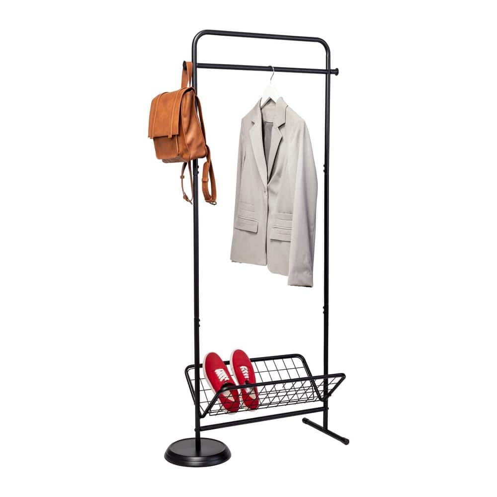Black Steel Swivel Clothing Rack with Basket Shelf