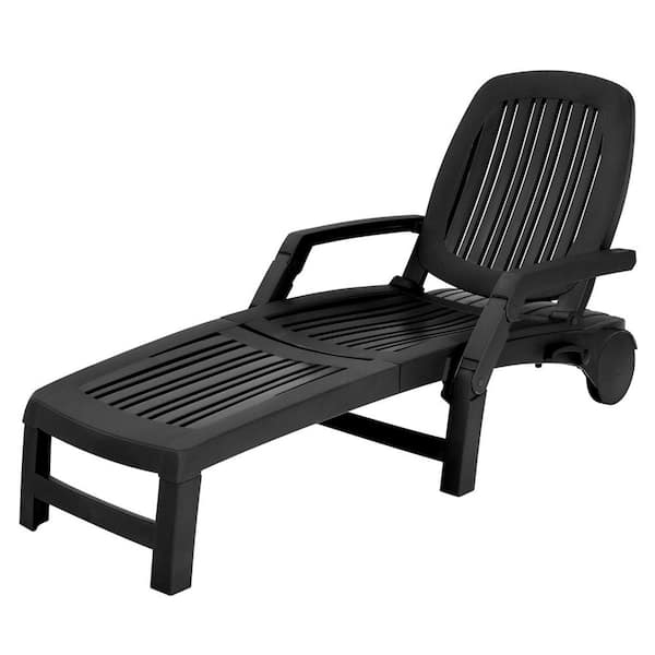 ANGELES HOME 1-Piece Folding Plastic Outdoor Chaise Lounge with Weather Resistant Wheels,Black
