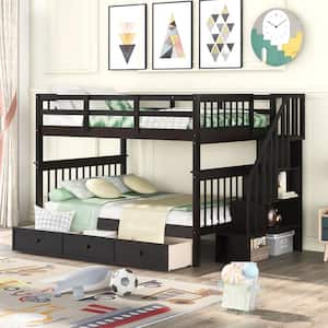 Espresso Stairway Full-Over-Full Bunk Bed with Drawer, Storage and Guard Rail for Bedroom