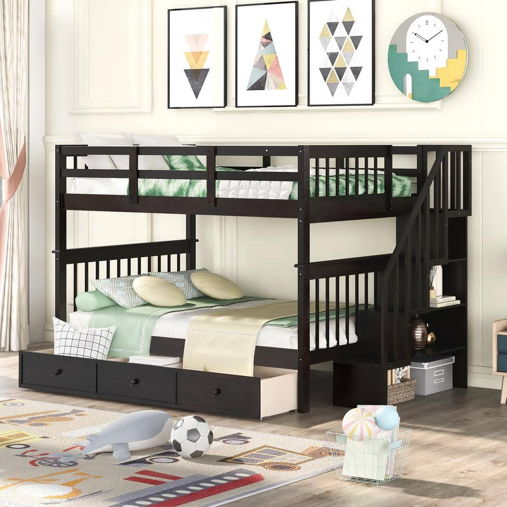 Harper & Bright Designs Espresso Full Bunk Bed With Drawers And Storage ...