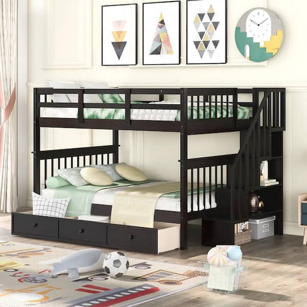 Harper & Bright Designs Espresso Full Bunk Bed with Drawers and Storage Stairway