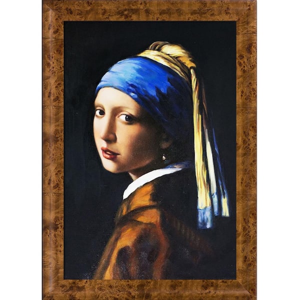 LA PASTICHE Girl with a Pearl Earring by Johannes Vermeer Havana Burl Framed People Oil Painting Art Print 29.75 in. x 41.75 in.