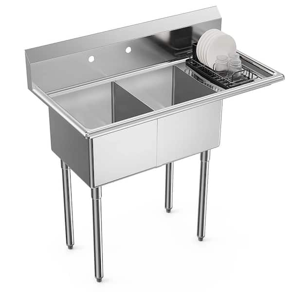 43 in. Freestanding Stainless Steel 2-Compartment Commercial Kitchen Sink with Right Side Drainboard