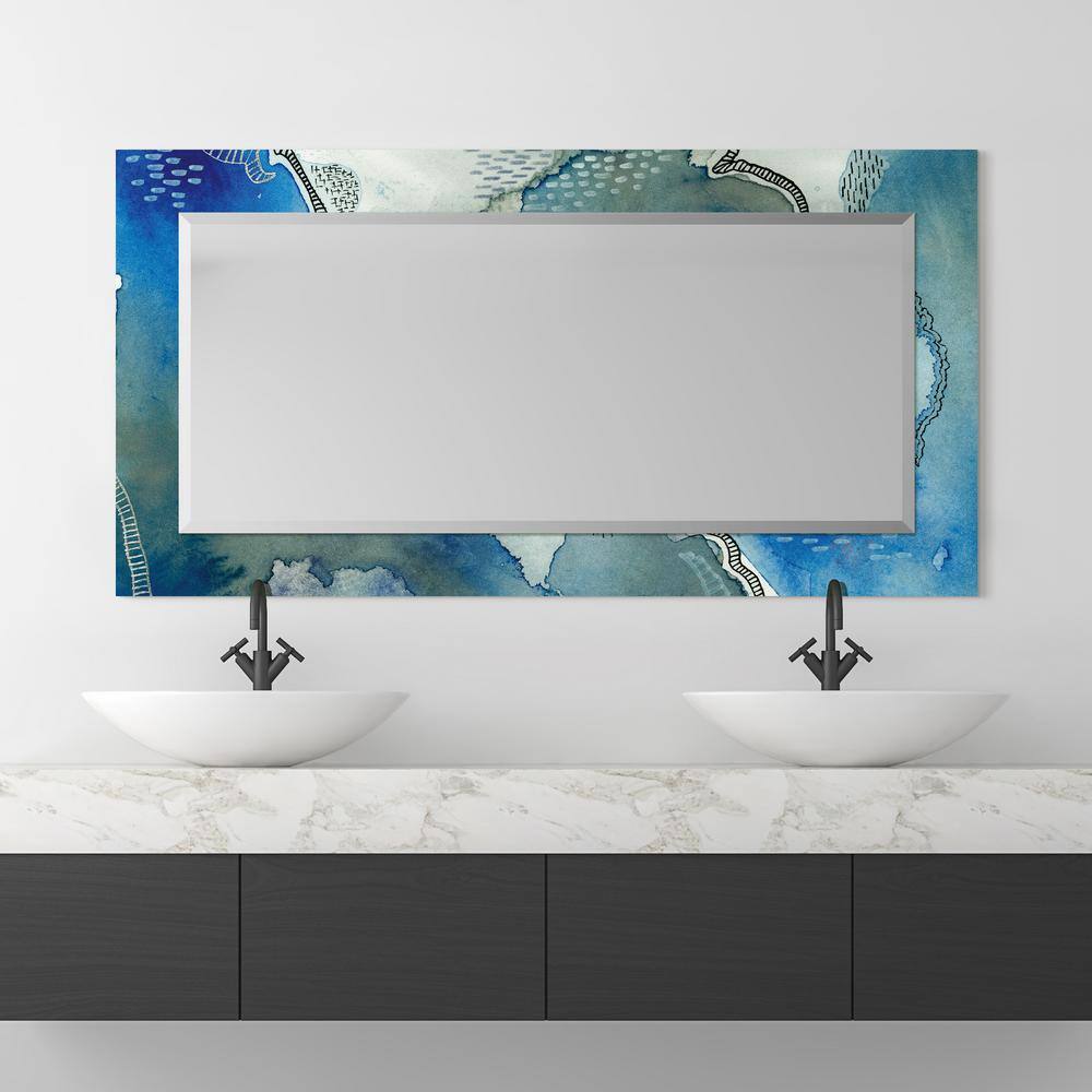 54" x 28" Blue Abstract Frameless Tempered Glass Wall Mirror