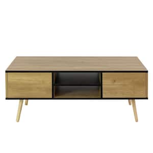 43 in. Black Brown Rectangle Shape Wood Top Coffee Table with  Drawers and Solid Wood Legs