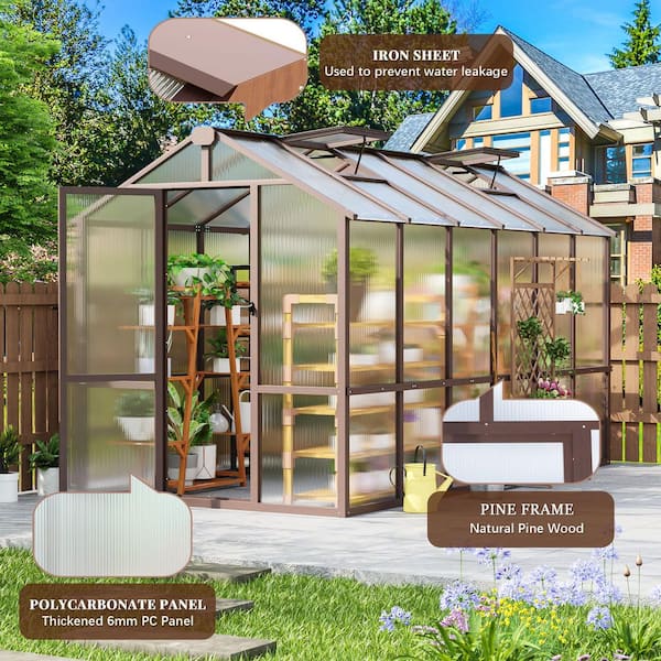 VIWAT 6 ft. W x 12 ft. D Wooden Polycarbonate Greenhouse with