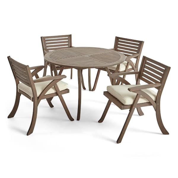 Hermosa Grey 5-Piece Acacia Wood Round Table Outdoor Patio Dining Set with Cream Cushions