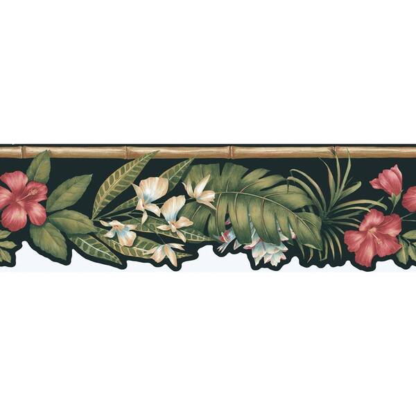 The Wallpaper Company 6.83 in. x 15 ft. Black Tropical Flower Die Cut Border