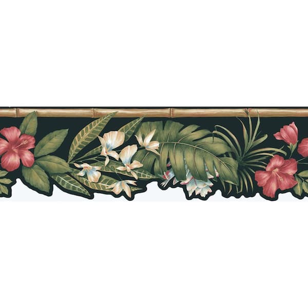 The Wallpaper Company 8 in. x 10 in. Black Tropical Flower Die Cut Border Sample