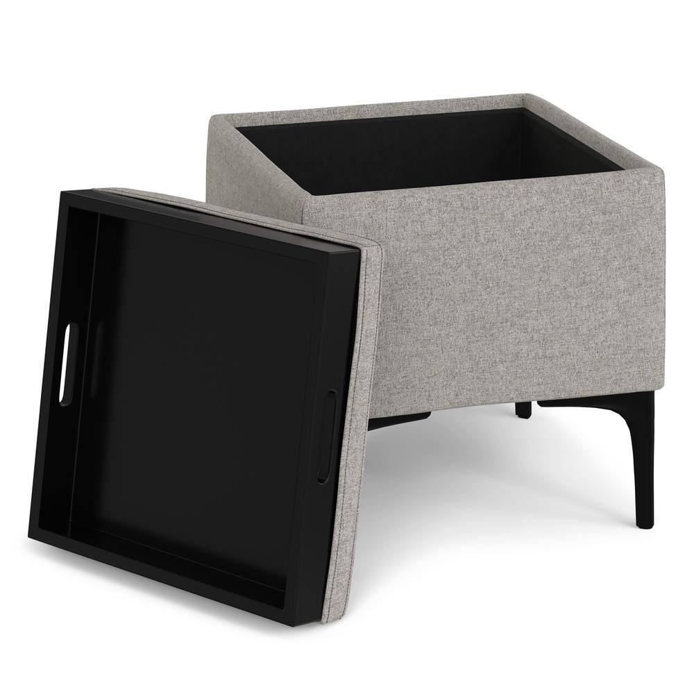 Cloud Grey Polyester Linen Storage Ottoman with Tray