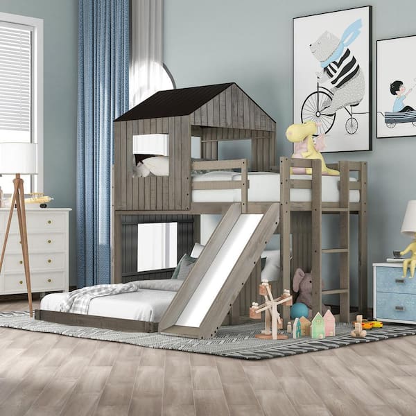 URTR Antique Gray Twin Over Full Bunk Bed with Slide and Roof, Wood ...