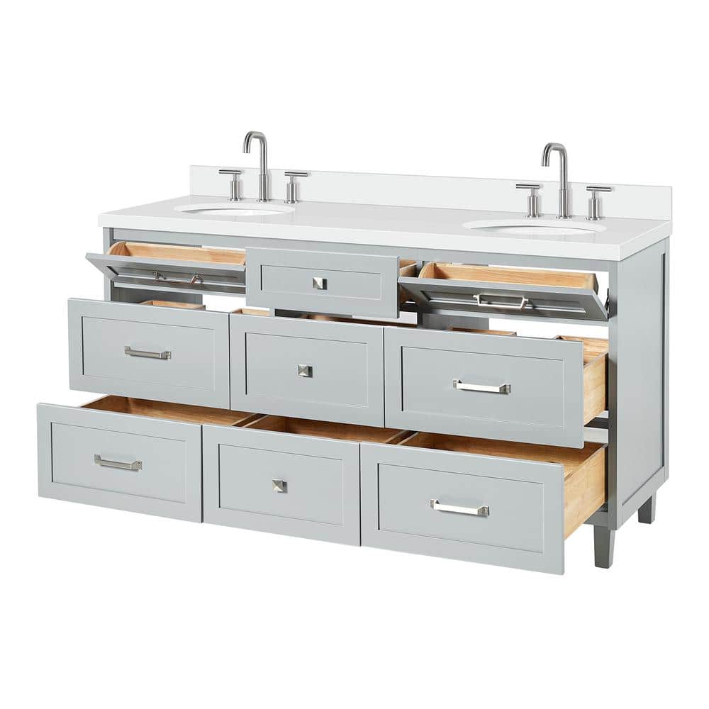 Monroe 67" Light Gray Wood Double Sink Vanity with White Quartz Top