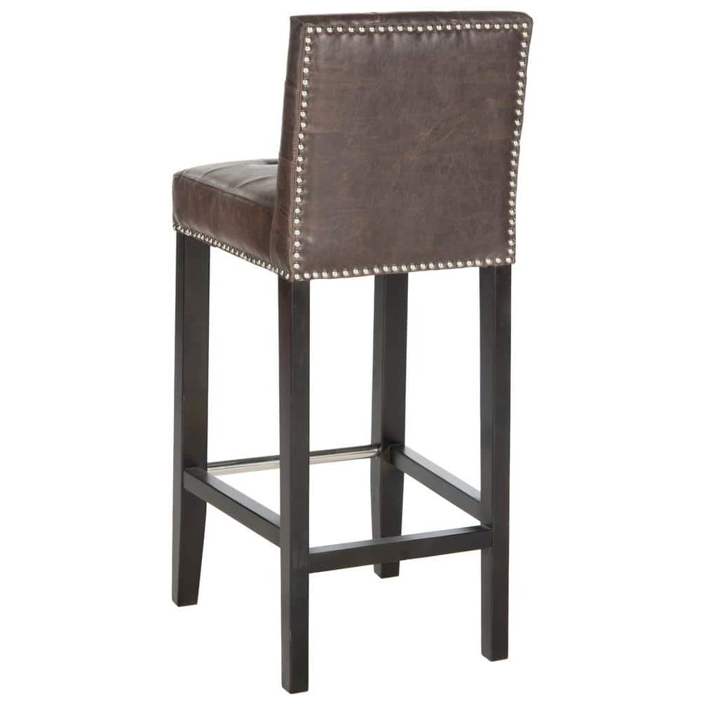 Espresso Birch Wood & Antique Brown Leather Bar Stool with Nailhead Trim