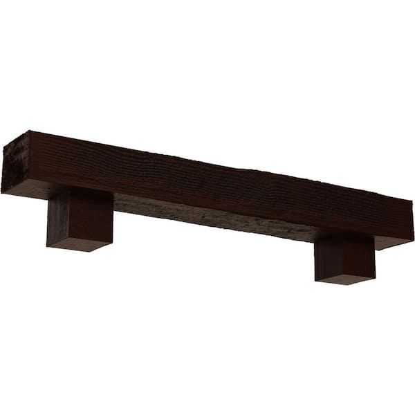 Ekena Millwork 8 in. x 10 in. x 5 ft. Rough Sawn Faux Wood Fireplace Mantel Kit, Alamo Corbels, Natural Pecan