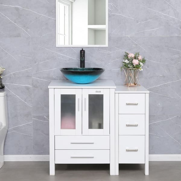 36 in. W x 20 in. D x 32 in. H 1-Sink Bath Vanity in White with Glass Turquoise Top and Mirror ORB Faucet Drain Set