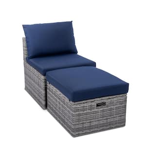 Grey Wicker Outdoor Lounge Chair and Ottoman w/Dark Blue Cushions