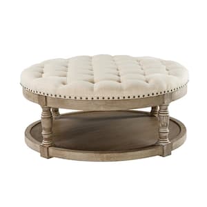 Enipeus Transitional Linen Polyester Storage Button-tufted Round Small Ottoman with Solid Wood Legs and Nailhead Trim