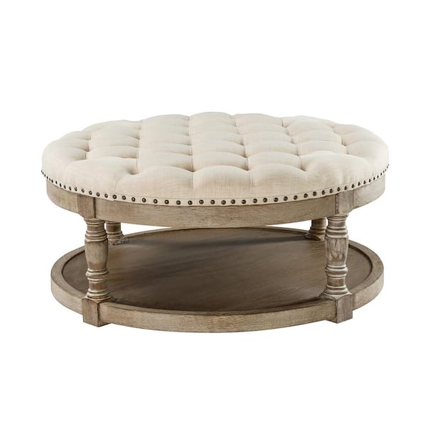 JAYDEN CREATION Enipeus Transitional Linen Polyester Storage Button-tufted Round Small Ottoman with Solid Wood Legs and Nailhead Trim