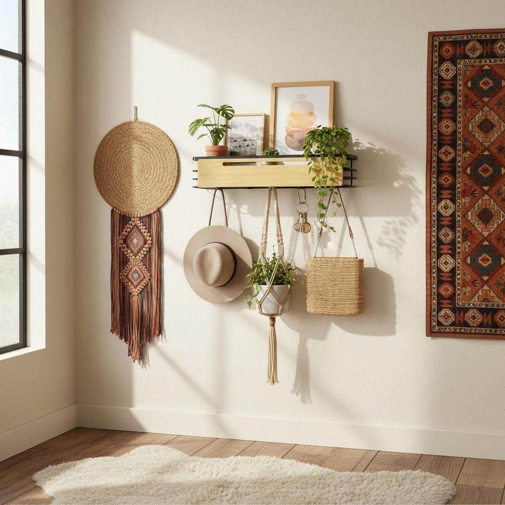 Black Metal and Wood Wall Mount Coat Rack with Shelf and 5 Hooks