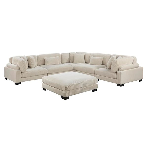 Lazzara Turbo 135 in. Pillow Top Arm 6-Piece Corduroy Fabric Modular Sectional Sofa in Beige with Ottoman