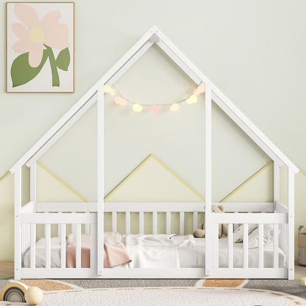 May White Wood Frame Twin Size House Kids Bed, Floor Bed with Roof Design and Headboard, Footboard, Guardrails