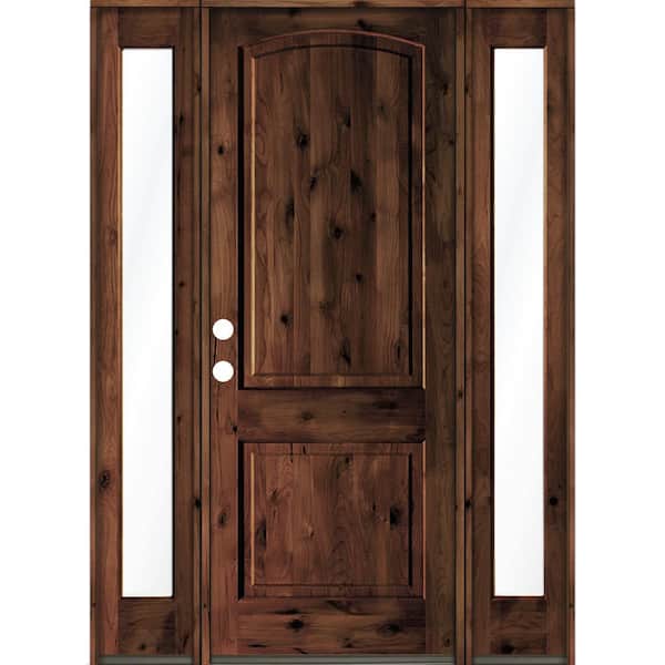 Krosswood Doors 58 in. x 96 in. Rustic Knotty Alder Arch Top Red Mahogany Stained Wood Right Hand Single Prehung Front Door