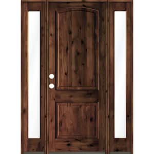 64 in. x 96 in. Rustic Knotty Alder Arch Red Mahogany Stained Wood with V-Groove Right Hand Single Prehung Front Door