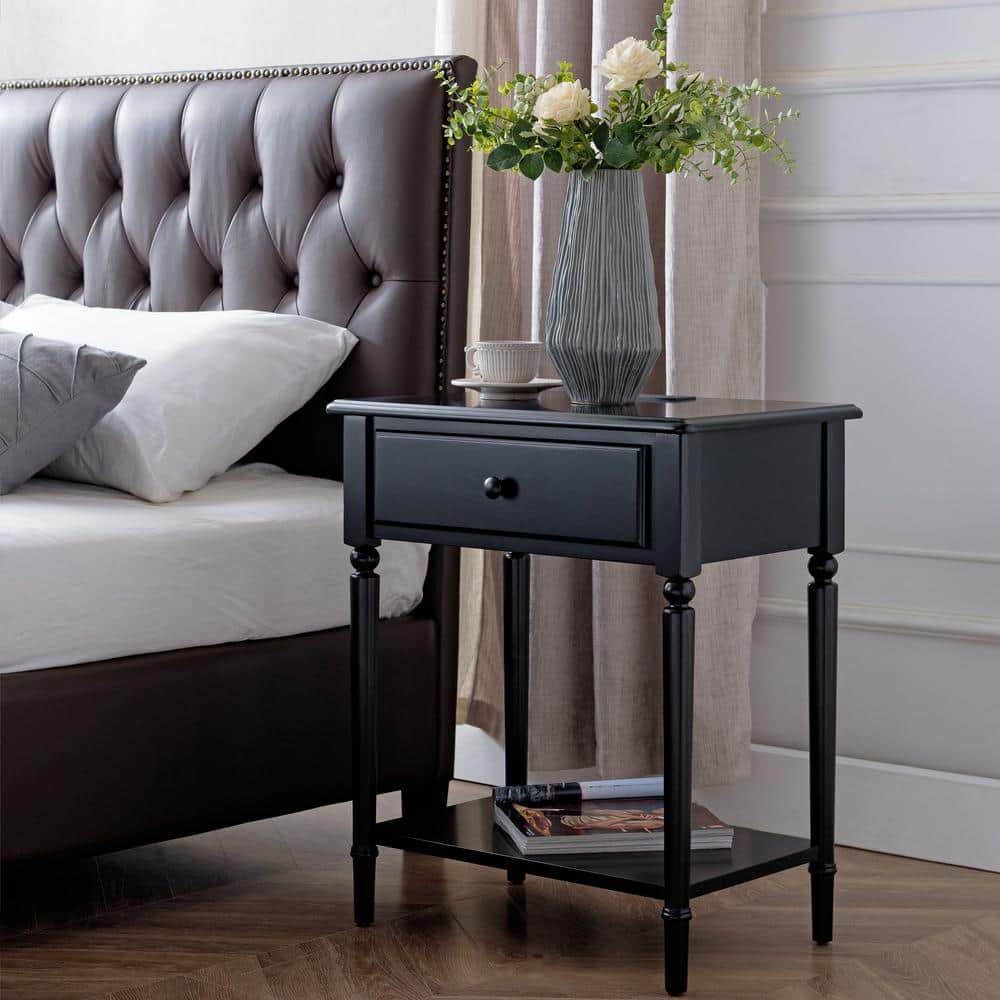 Swan Black Coastal 24" Solid Wood Nightstand with USB-C Charging