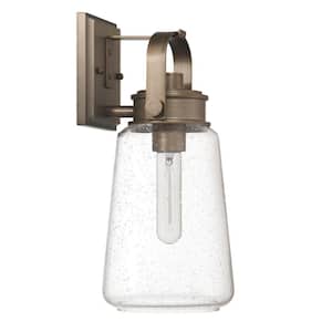 Gage Tuscan Gold Industrial Tapered Seedy Glass and Metal Wall Mounted Outdoor Lantern Sconce, No Bulb Included