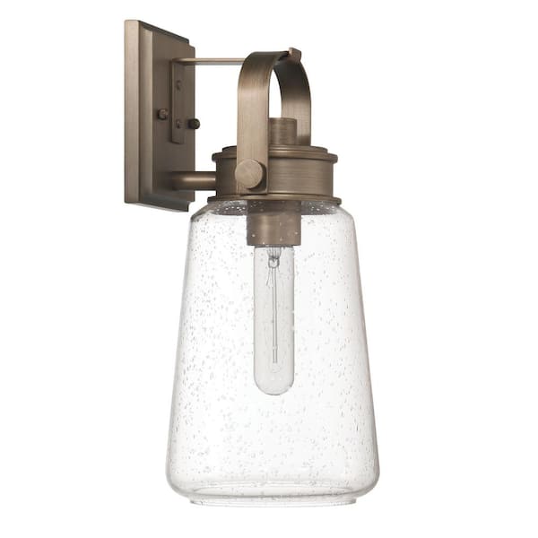 Robert Stevenson Lighting Gage Tuscan Gold Industrial Tapered Seedy Glass and Metal Wall Mounted Outdoor Lantern Sconce, No Bulb Included