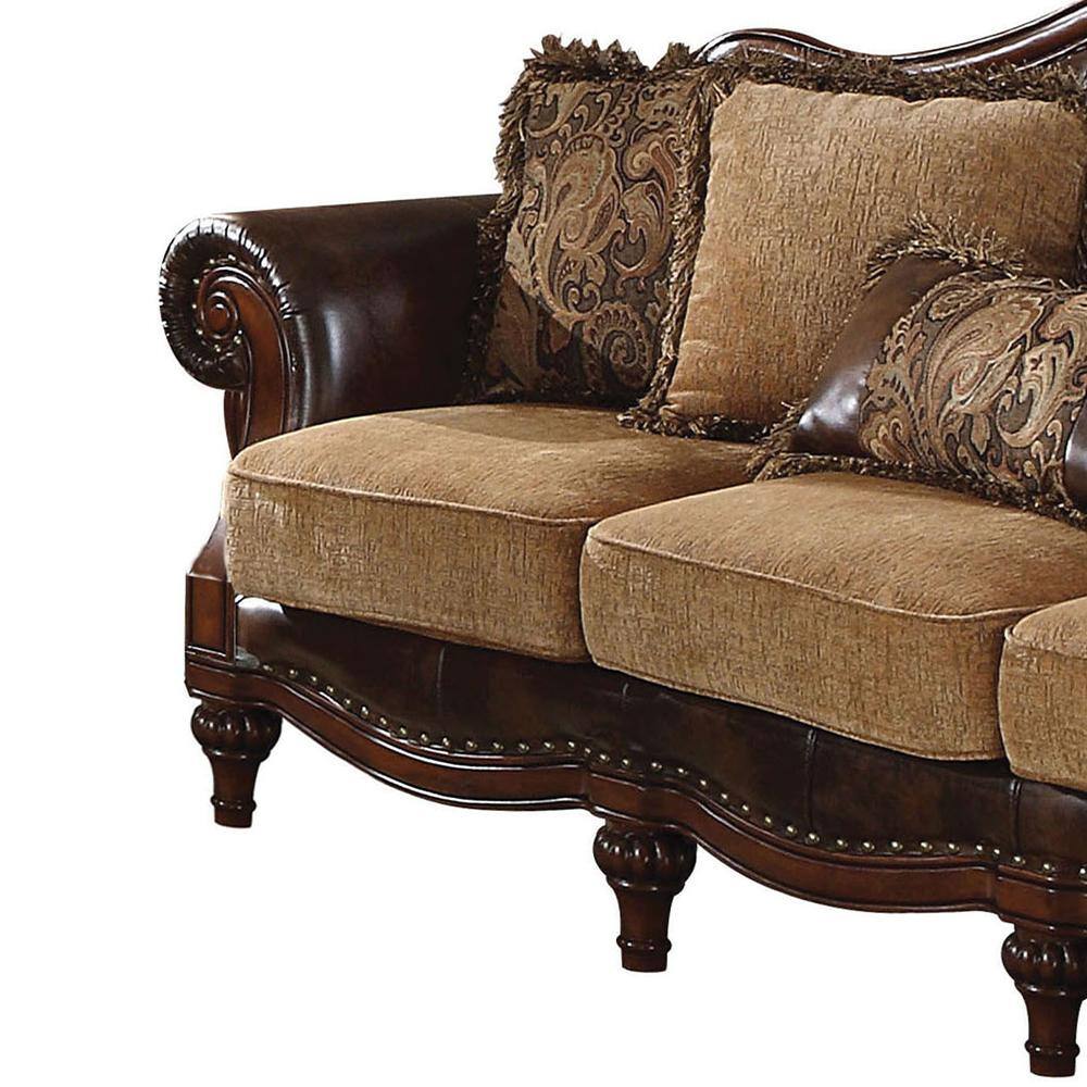 Elegant 95'' Two-Tone Brown Faux Leather & Chenille Sofa with Nailhead Trim