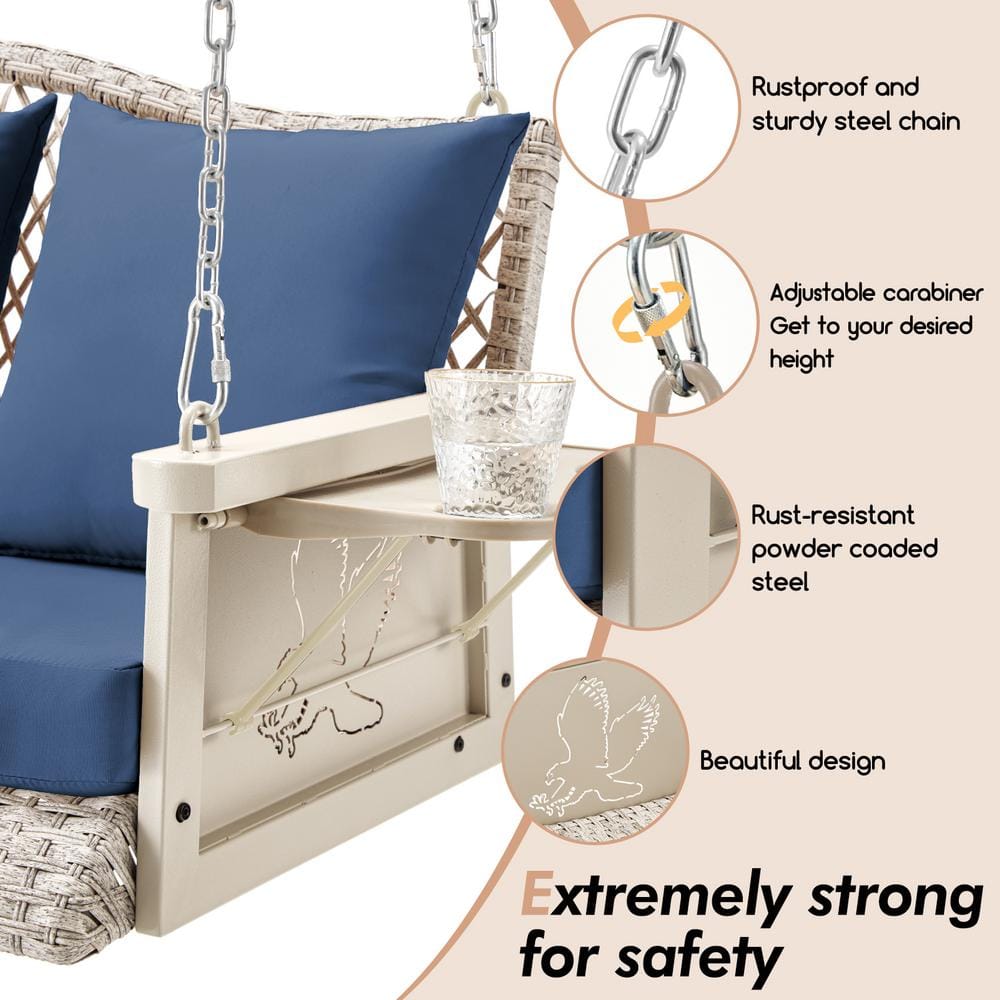 Heavy Duty Gray Steel Porch Swing with Navy Blue Cushions