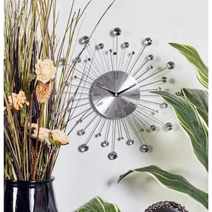 15 in. x 15 in. Silver Metal Starburst Wall Clock with Crystal Accents