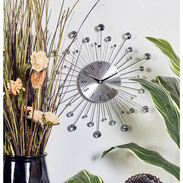 15 in. x 15 in. Silver Metal Starburst Wall Clock with Crystal Accents