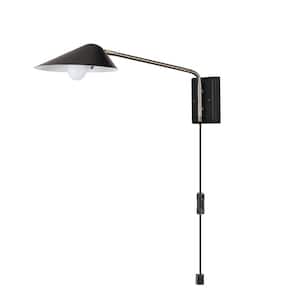 Finnick 1-Light Matte Black Plug-In or Hardwire Wall Sconce with Antique Brass Accent and LED Bulb Included