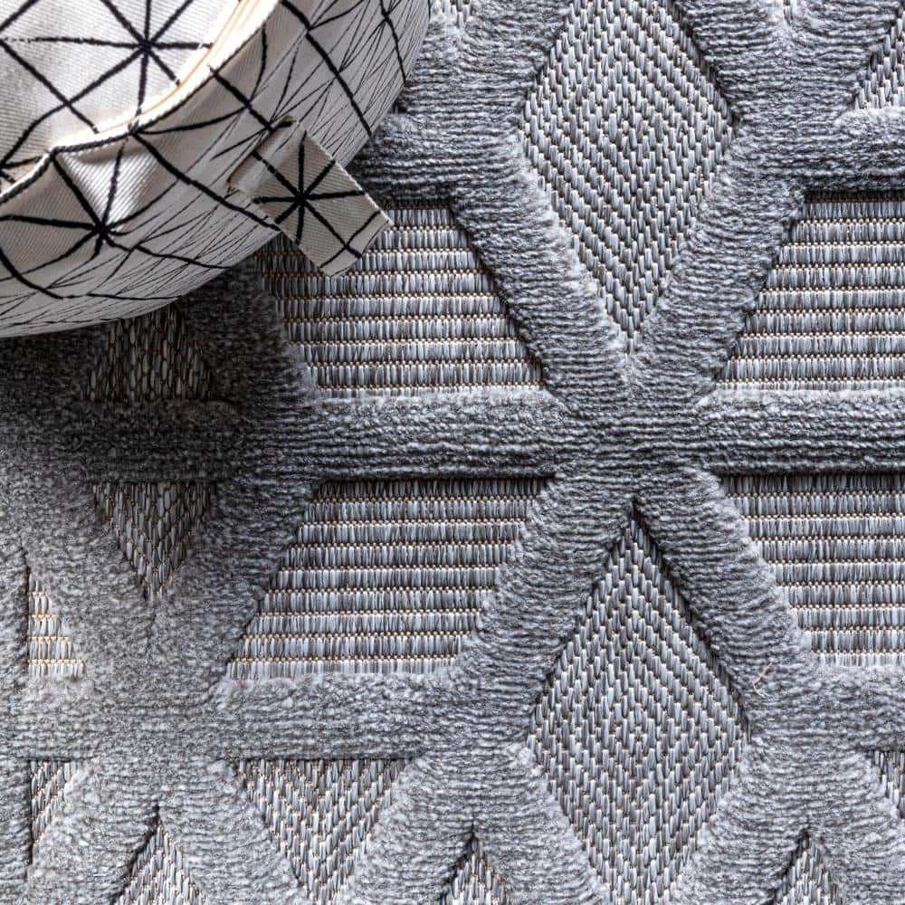 Elysian Light Gray Geometric Square Synthetic Indoor/Outdoor Rug