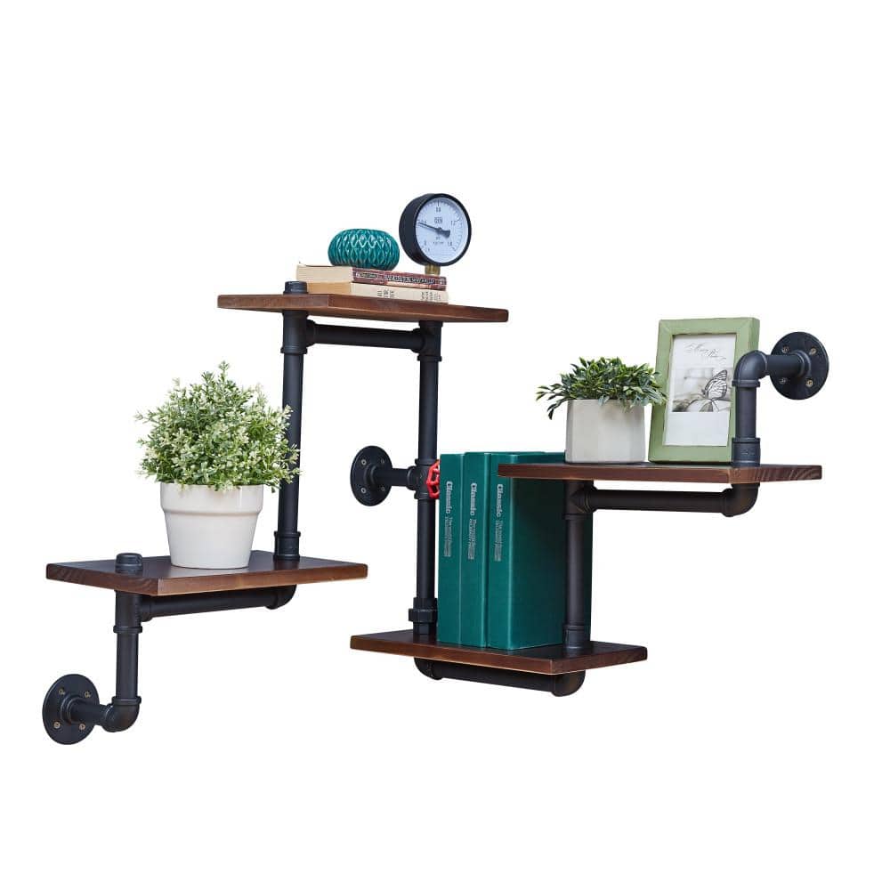 Industrial Chic 26" Black Iron and Wood Wall Shelving Unit