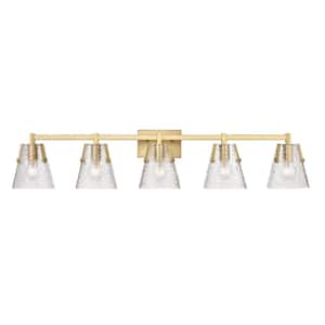 Analia 45.75 in. 5 Light Modern Gold Vanity Light with Clear Ribbed Glass Shade with No Bulbs Included